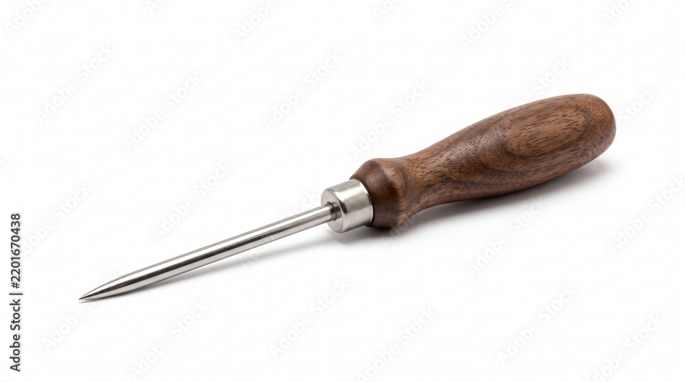 Fototapeta premium Vintage ice pick tool with sharp steel spike and wooden handle isolated on white background