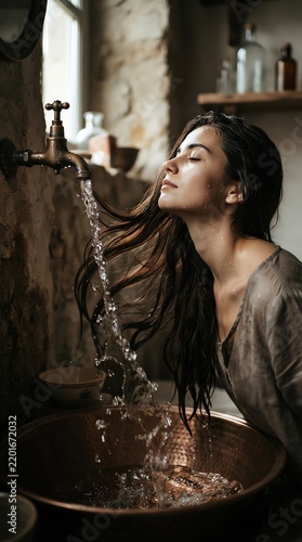 Young Woman Relaxing with Aromatherapy and Water Ritual in Cozy Spa Setting.