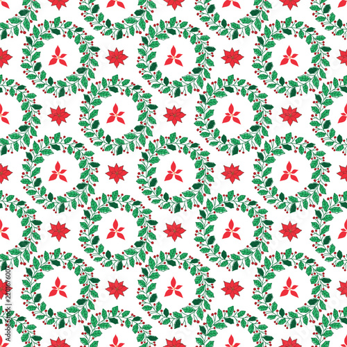Christmas Wreath Pattern With Holly and Poinsettia Seamless Holiday Background Design