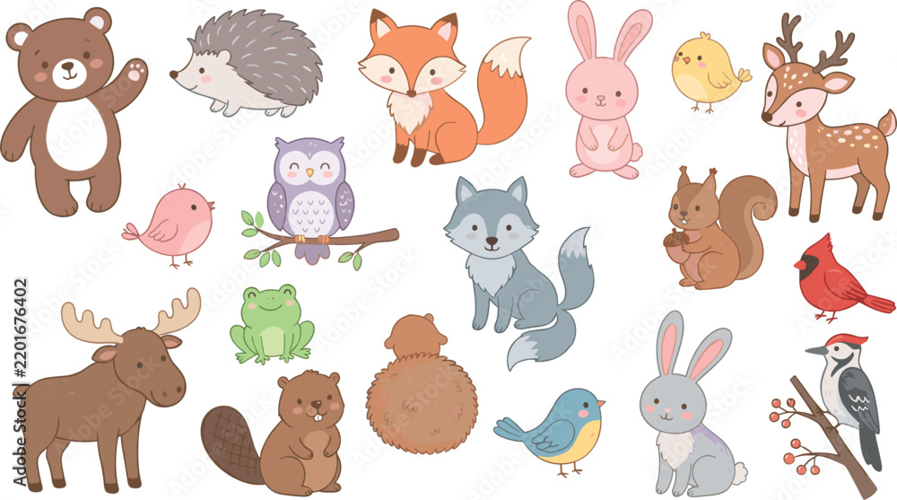 Obraz premium Cute Woodland Animals Vector Collection with Bear, Fox, Deer, Wolf, Moose, Bunnies, and Forest Birds for Kids Nursery Wall Art and Stationery Design