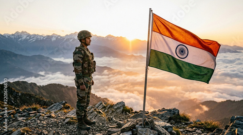 Indian Soldier Salutes Flag on Mountain Peak at Sunrise