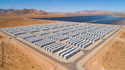 Aerial view of a largescale battery energy storage system facility located in a vast arid desert landscape