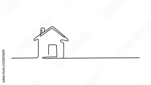 Minimalist line art illustration of a house with a chimney and door on a plain background