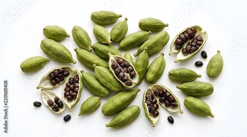 High-quality close-up of whole and opened green cardamom pods showing aromatic black seeds, an essential Indonesian spice used in traditional cooking, herbal medicine, and flavorful curry dishes.