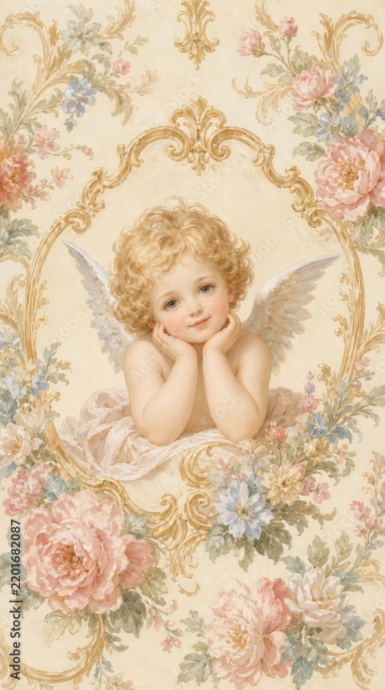 Fototapeta premium Cherubic angel with wings, floral background, cherubic innocence, floral elegance.