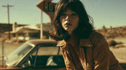 Chic woman posing near vintage automobile.