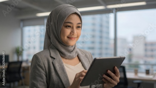 Professional Muslim businesswoman using digital tablet in modern office environment