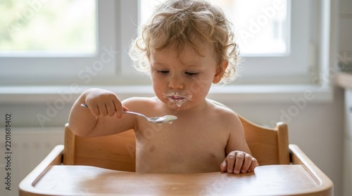 Cute Toddler Boy Eating Yogurt with Spoon Sitting in Wooden High Chair at Home for Baby Nutrition Concept