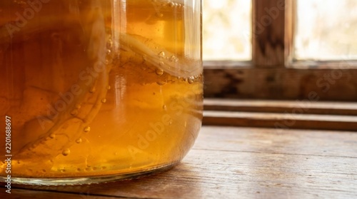 Homemade Kombucha Fermenting in Glass Jar with SCOBY Organic Probiotic Tea Beverage on Rustic Wooden Table