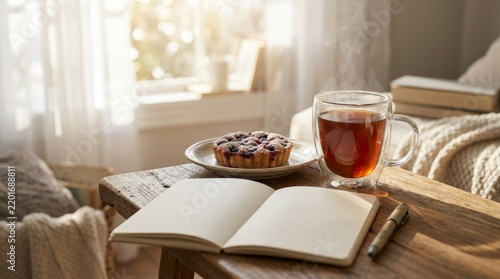 Cozy Morning Tea with Steaming Cup Open Blank Notebook and Berry Tart on Wooden Table by Sunny Window