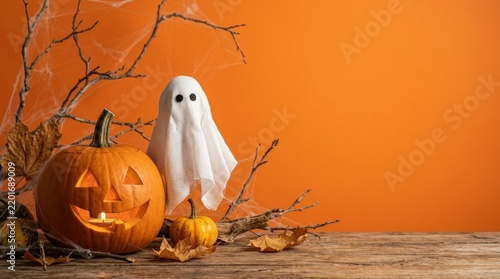 Halloween Jack O Lantern Carved Pumpkin and Cute Ghost on Rustic Wooden Table with Orange Background for Autumn Holiday Banner
