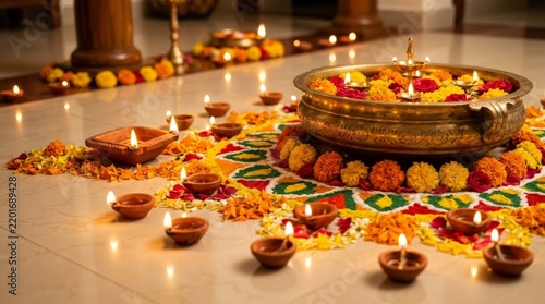 Diwali Festival Decoration with Traditional Brass Urli Bowl Lit Diyas and Flower Rangoli on Floor for Celebration