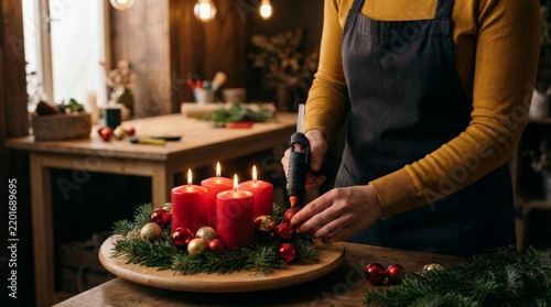Woman Crafting DIY Advent Wreath with Red Candles and Pine Branches Using Glue Gun in Cozy Workshop