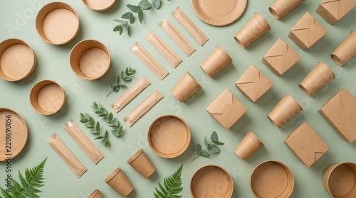 Eco Friendly Kraft Paper Food Packaging Biodegradable Disposable Tableware Cups Bowls and Delivery Boxes on Green Background
