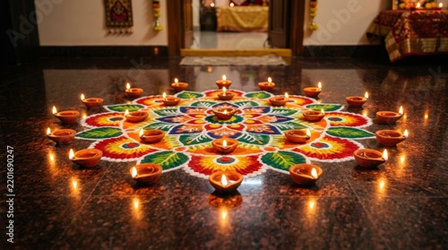 Traditional Diwali Rangoli Design with Glowing Clay Diya Lamps on Floor for Hindu Festival Celebration