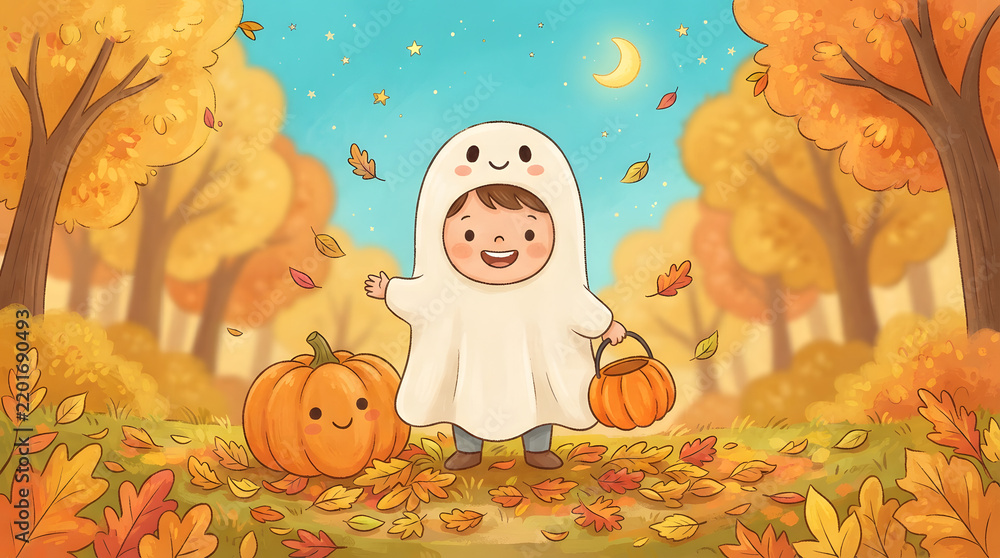 Fototapeta premium Young child in white ghost costume standing among autumn leaves and pumpkins in a whimsical outdoor setting
