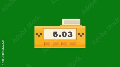 2D Animated Flat Illustration of a Taxi Taximeter Fare Counter Displaying Increasing Price with Receipt Paper on a Green Screen Background for Easy Chroma Key Compositing in Video Projects