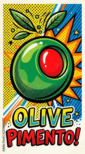 Vibrant Olive Pimento Illustration with Bold Text.