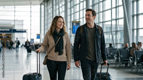Happy travel couple airport walking in modern terminal, embracing vacation mode and relaxed journey with pre-flight joy, destination excitement, global adventure, happy departure