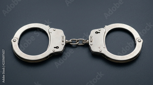 Silver Handcuffs Linked Together on Dark Background, Crime, Justice Concept