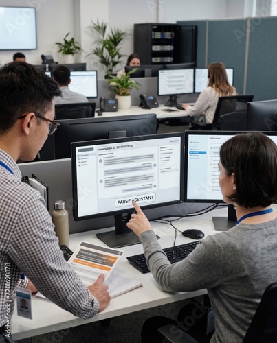 Colleagues pausing AI assistant on monitor screen while reviewing incident report in office