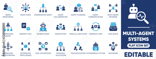 Multi-agent systems icon set. featuring ai agent orchestration, autonomous system, distributed intelligence, and workflow automation.