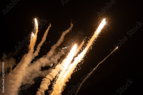 Fireworks Bursting in Dark Night Sky, Elegant Celebration and Festive Background
