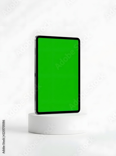 Digital Tablet with Green Screen Standing Vertically on Podium in White Studio Environment
