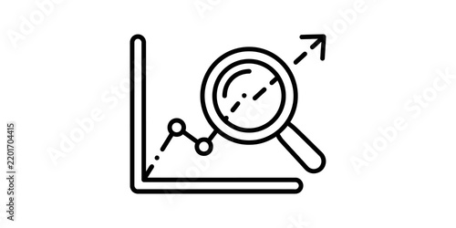 Magnifying glass over graph chart showing upward trend with arrow.