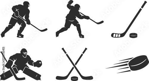 Ice hockey player silhouettes and equipment silhouette vector