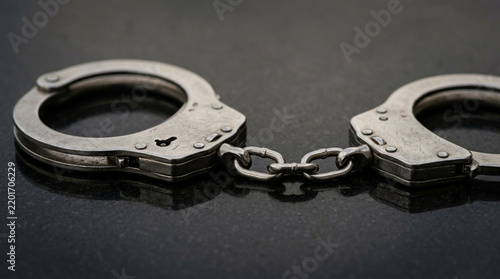 Close-up of Metal Handcuffs on Dark Reflective Surface