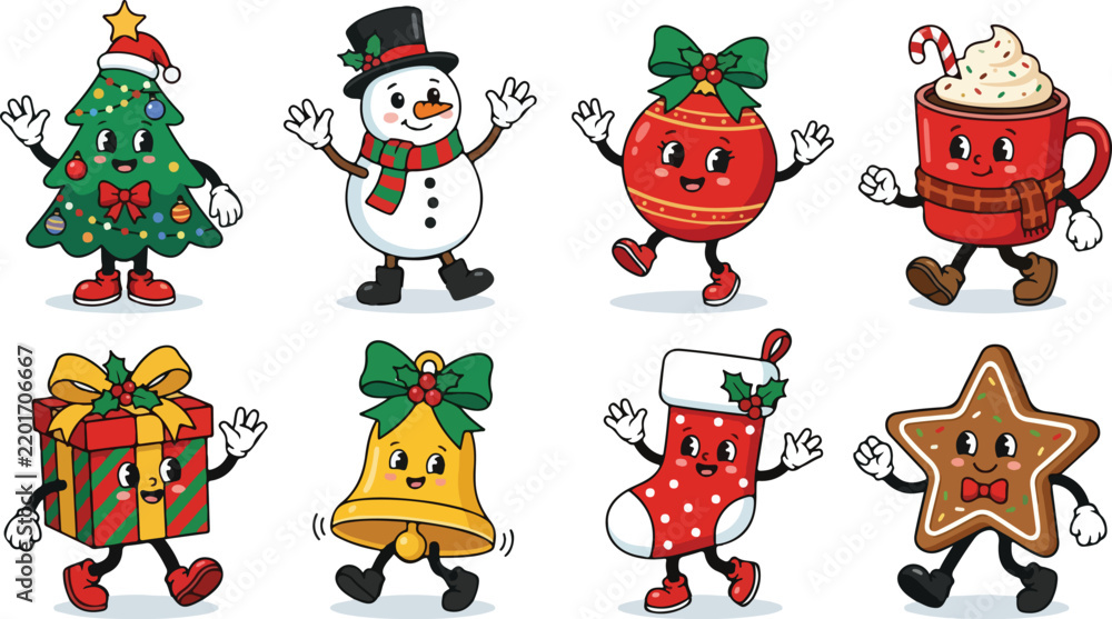 Fototapeta premium Set of cute cartoon christmas characters including snowman tree gift bell stocking and holiday items for festive designs