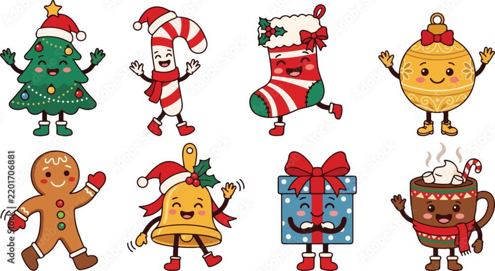 Fototapeta premium Set of cute hand drawn christmas character stickers featuring festive holiday icons with happy smiling faces and accessories