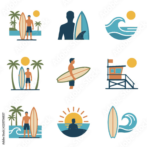 Tropical Beach Travel Illustration Set with Surfers, Palm Trees and Ocean Waves