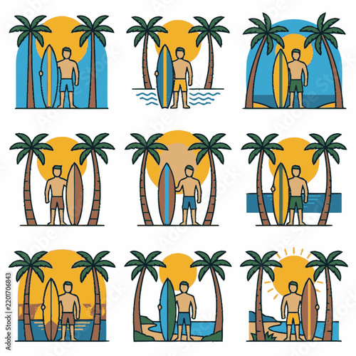 Tropical Beach Vacation Scene Illustration Collection with Palm Trees and Surfers