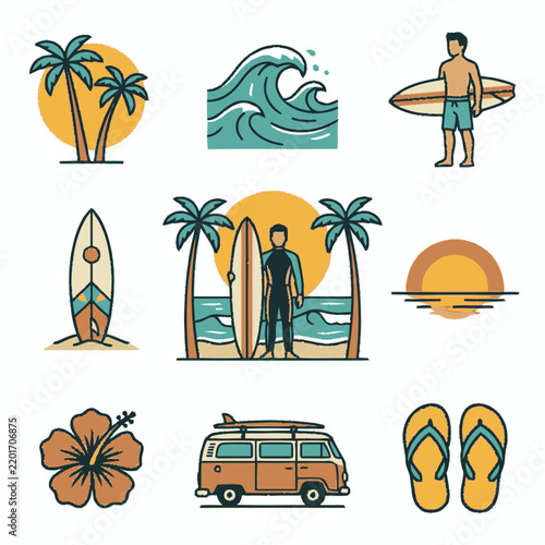 Tropical Summer Beach Vacation Illustration Collection with Surfboards, Palm Trees and Camper Van