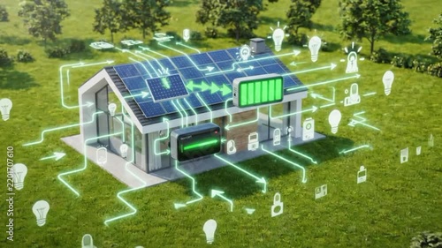 House electric system diagram with solar panels showing energy flow and usage