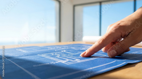 Architectural drawing construction site blueprint under review by architect with focused attention and natural daylight