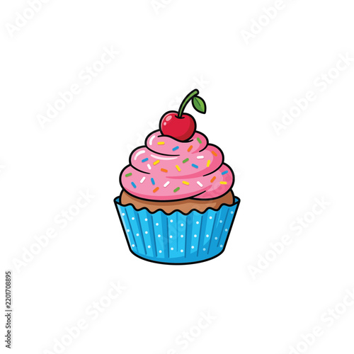 Blue Frosted Cupcake with Cherry Flat Vector Illustration, Cute Cartoon Dessert Clipart