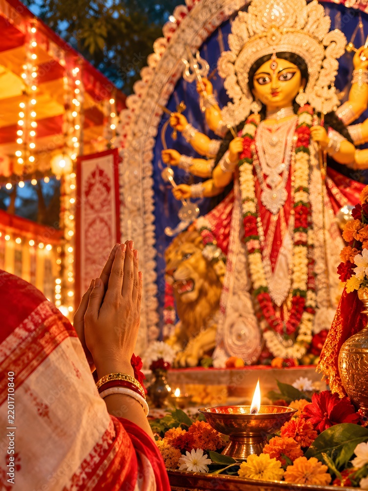 Fototapeta premium Devotee praying before Durga idol with oil lamp and festive lights during puja celebration