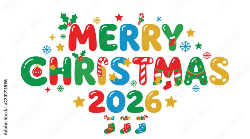 Fototapeta premium Merry Christmas 2026 Colorful Typography Isolated Design
