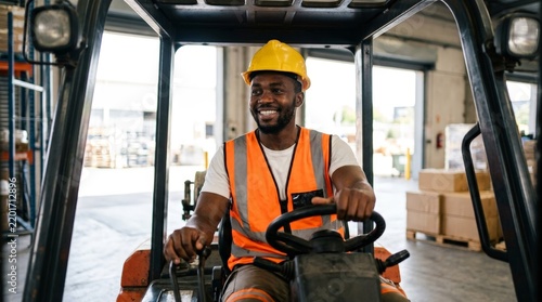 Smiling African American Forklift Driver Operating Vehicle in Logistics Warehouse Distribution Center with Safety Helmet and Vest