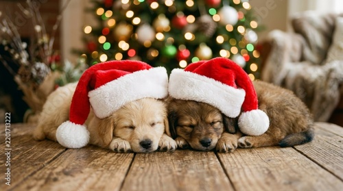 Two Cute Puppies Sleeping in Santa Hats on Wooden Table with Christmas Tree Bokeh Lights for Holiday Season Greeting