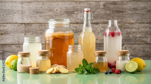 Homemade Probiotic Kombucha and Fermented Drinks in Glass Jars with Scoby Ginger Mint and Berries for Healthy Gut Beverage