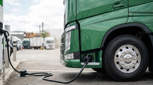 Modern Green Electric Semi Truck Charging Battery at Fleet Depot Station for Sustainable Commercial Freight Logistics and Eco Friendly Transport