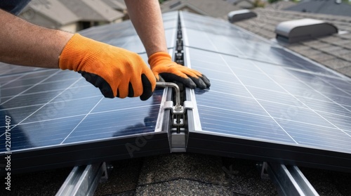 Close Up of Technician Hands Installing Solar Panels on Residential Rooftop with Wrench for Clean Renewable Energy