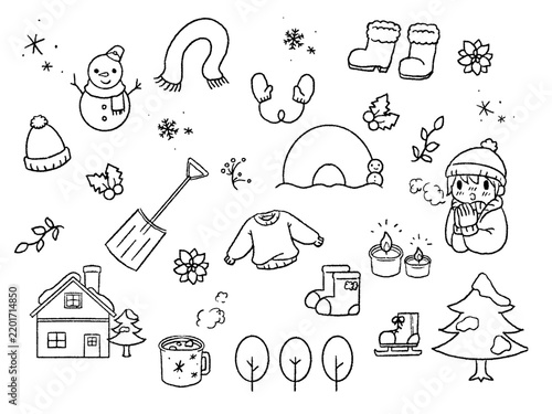 冬のイラストセット、線画