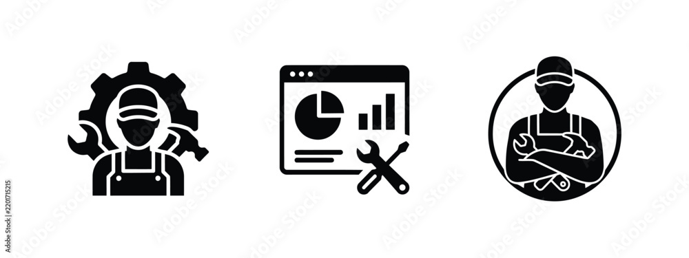 Obraz premium Set of icons representing professional repair services, technical support, and maintenance analytics