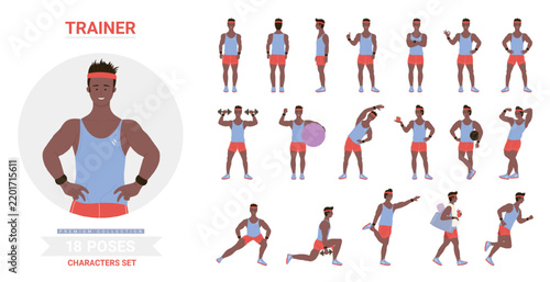 African american black sport trainer man poses vector illustration set. Cartoon male character showing muscles, posing ball, dumbbells exercises, training standing running different postures isolated
