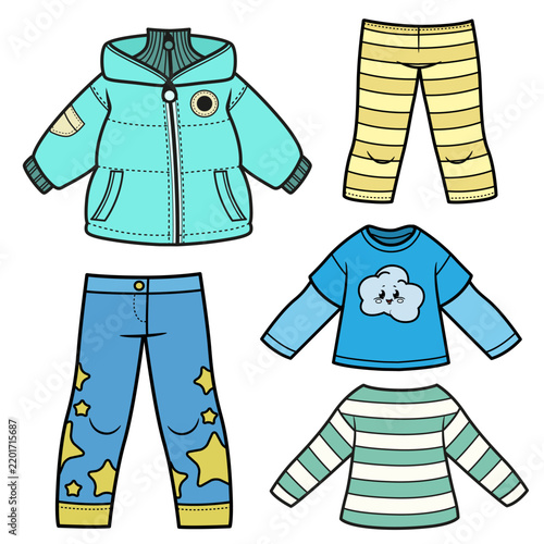 Insulated jacket, striped long-sleeve top with a cloud design, leggings, and jeans